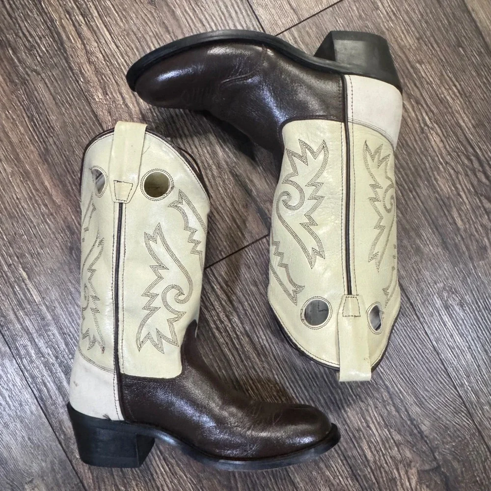 Old West Unisex Toddler Western Cowboy Boots Cream Brown Leather‎ Size 045
